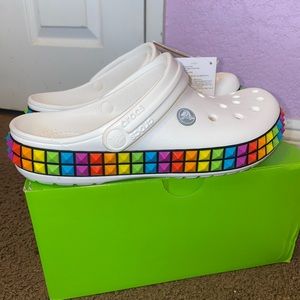 White 3D rainbow studded crocs